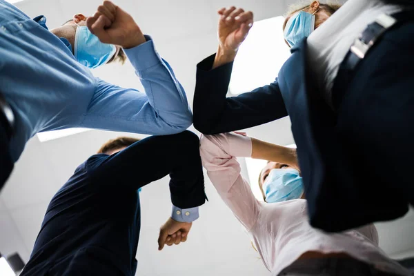 Employees Doing Elbow Bump Avoid Flu Stop Covid Spread — Stock Photo, Image