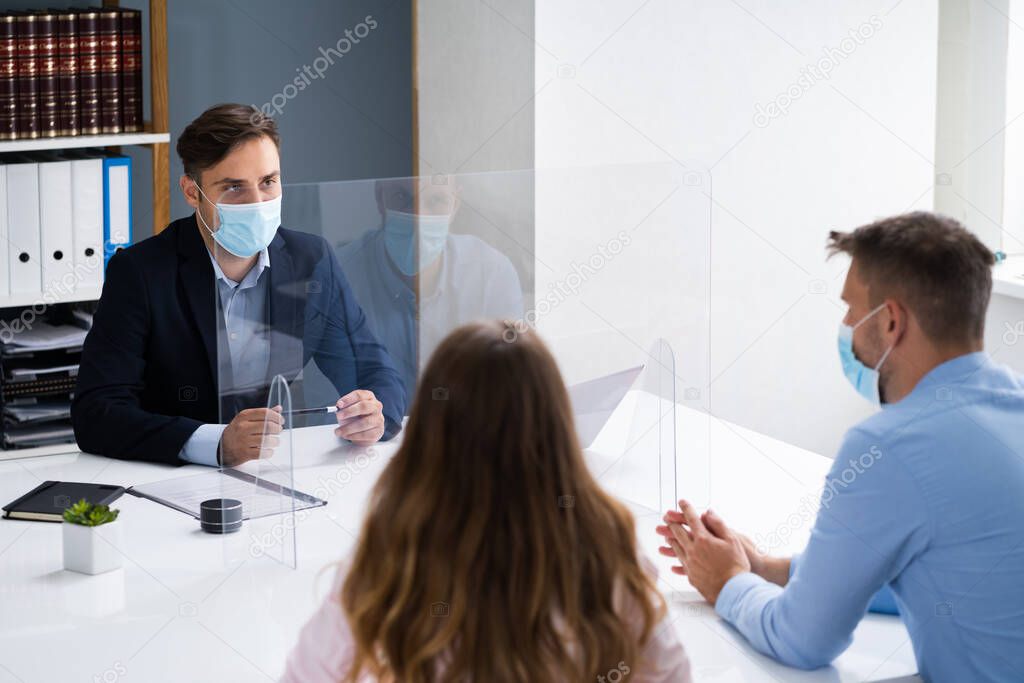 Family Divorce Lawyer Consulting Family Couple With Face Mask