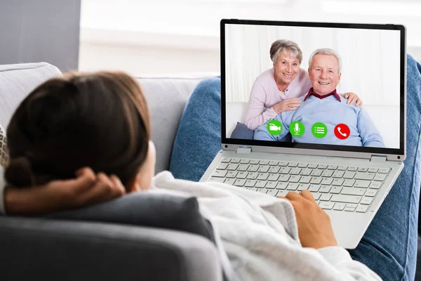 Watching Video Conference Laptop Computer Home — Stock Photo, Image