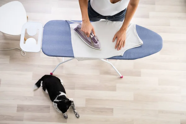 Smiling Woman Ironing Clothes Using Iron Ironing Board Laundry Home — Stock Photo, Image