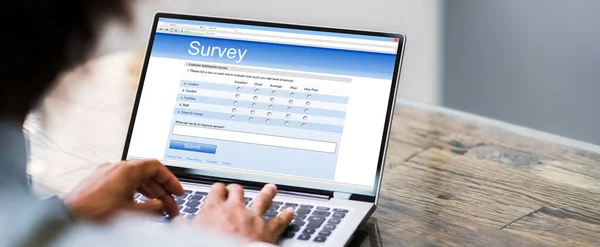 Online Survey Form Man Filling List Laptop Computer — Stock Photo, Image