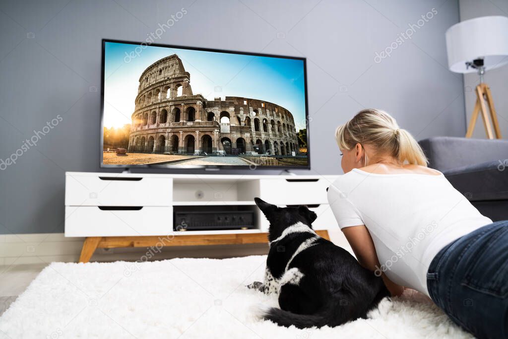Woman Watching TV At Home With Dog