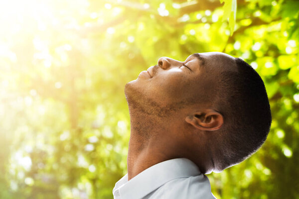 Breath Clean Air. Relax In Nature With Closed Eyes