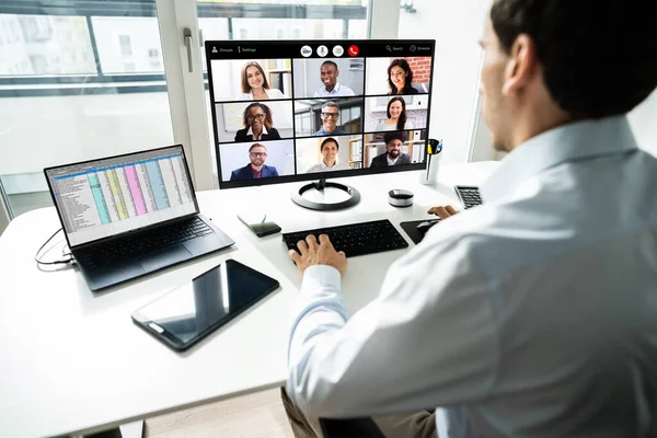 Chamada Reunião Videoconferência Tecnologia Webinar Videoconferência — Fotografia de Stock