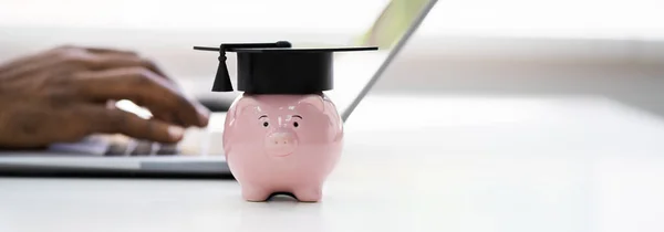 University Graduation Hat On Piggy Bank Near Laptop Computer