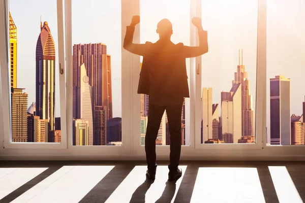 African Businessman Raising Hands Rear View Window City Downtown — Stock Photo, Image