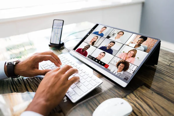 Webinario Videoconferencia Teléfono Con Monitor Externo — Foto de Stock