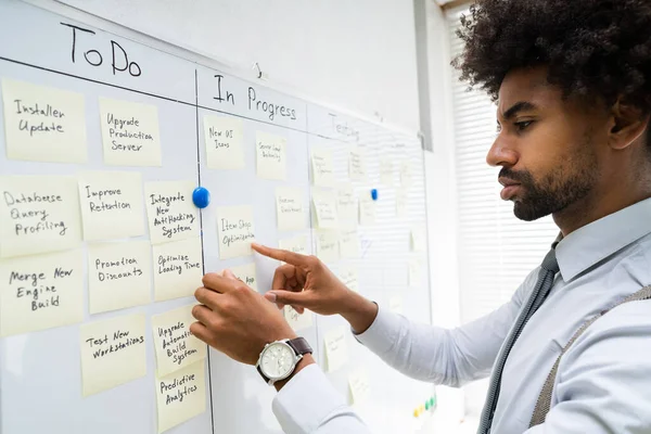 Afro Amerikaanse Zakenman Werkt Aan Whiteboard Wall — Stockfoto