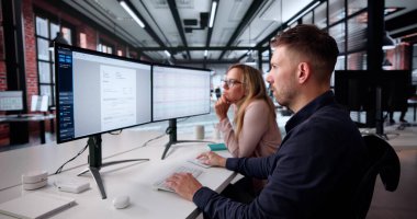 Ofisteki Masaüstü Bilgisayarının Hesap Tablosunu Denetleyen İş Kadını ve Analist.