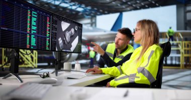 Genç Mühendis Uçak Bakım Hangarında Jet Motor Parçası Tamiri. Kadın Tasarımcı 3B Yazılım Kullanıyor