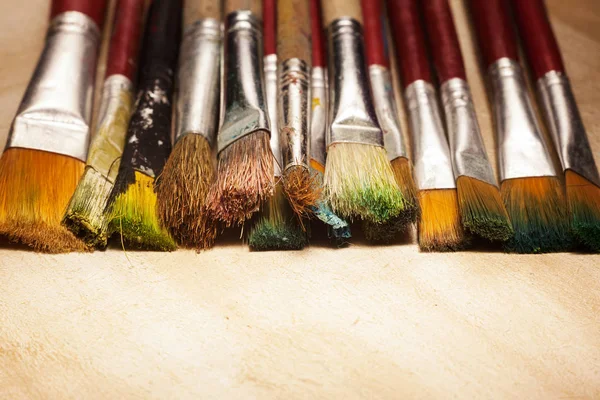 Kit Various Used Paintbrushes Closeup View — Stock Photo, Image