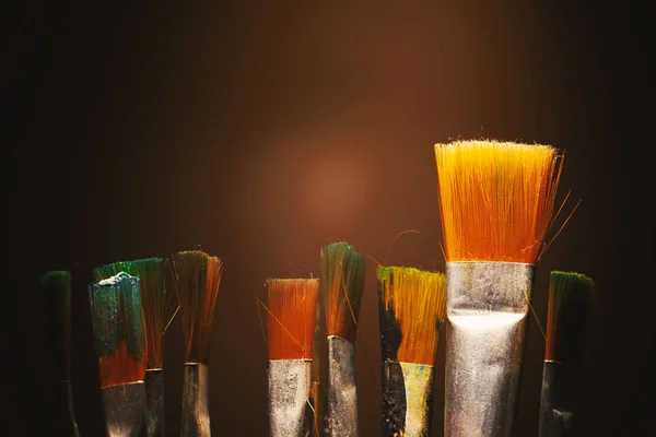 Kit Various Used Paintbrushes Closeup View — Stock Photo, Image