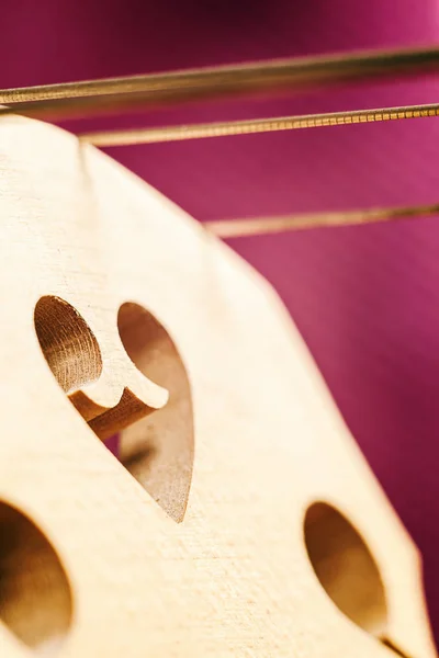 Details Cello Bridge Strings Purple Background — Stock Photo, Image