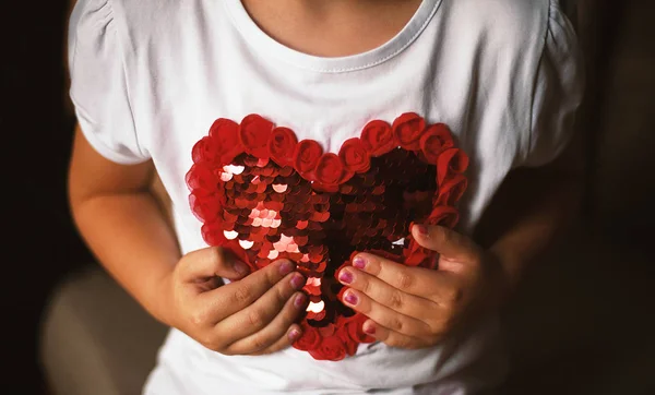 Conceptual Composition Small Girl Holding Heart Her Shirt — Stock Photo, Image