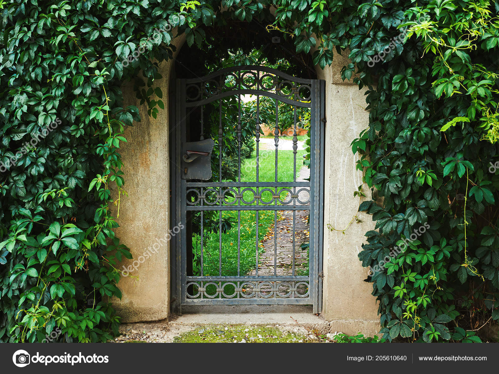 Entrance Garden Green Foliage Metal Doors Day Stockfoto