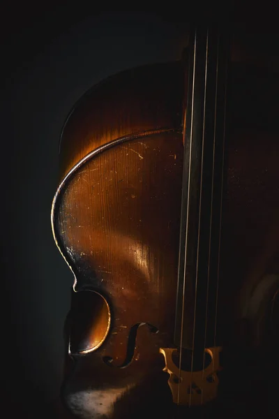 Parte Velho Violoncelo Empoeirado Detalhes Madeira Velha Cordas Formas Acentuadas — Fotografia de Stock