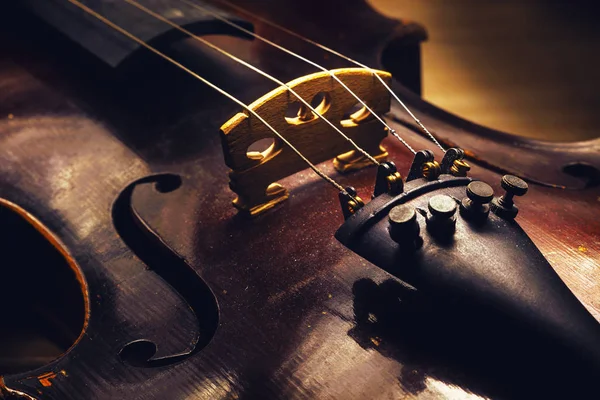 Closeup View Old Dusty Violin Details Wood Structure — Stock Photo, Image