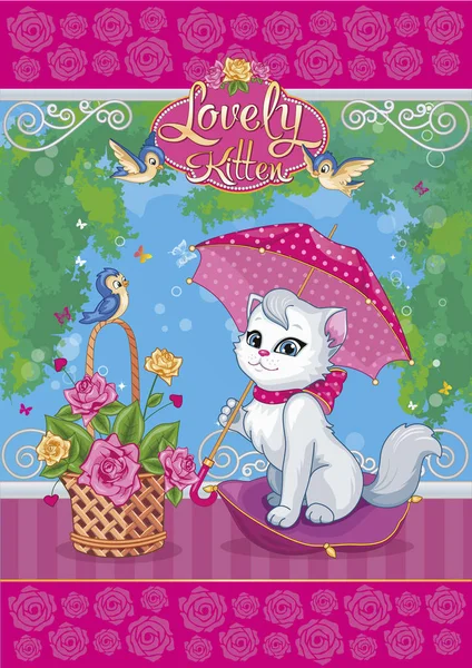 Glamouröse Weiße Katze Mit Regenschirm Vögeln Und Korb Mit Rosen — Stockvektor