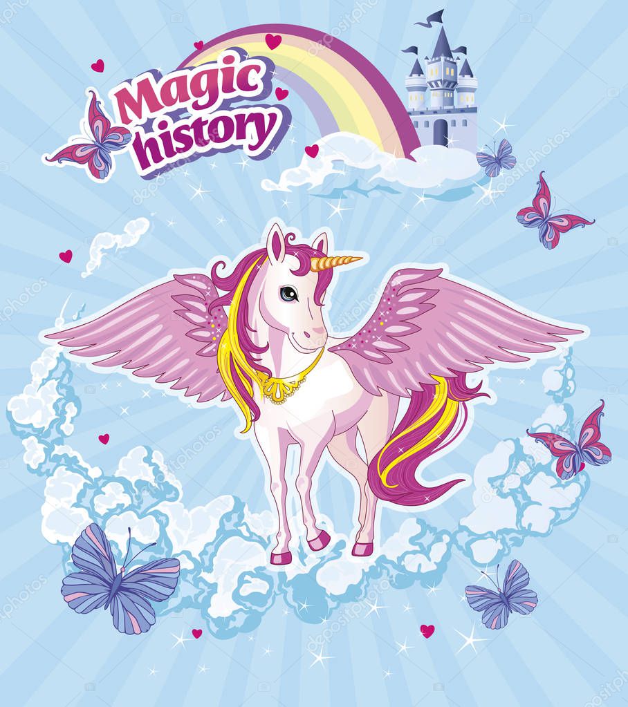 Pink unicorn in the clouds. Blue sky with rays. Illustration of a child. Magic. Vector.