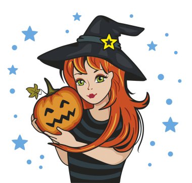 Balkabağı ve beyaz arka planda yıldızlar olan sevimli küçük cadı. Mutlu Cadılar Bayramı afişi. Arkadaş ya da aile. Harikalar Diyarı. Etiket için izole bir illüstrasyon. Şahane bir karakter. Tatil partisi. Vektör.