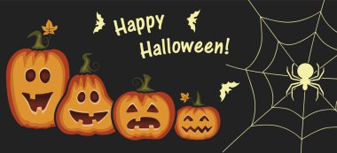 Bir grup şirin balkabağı, hayalet, hayalet, korku. Mutlu Cadılar Bayramı afişi. Yazdırma için vektör illüstrasyonu, çıkartma. Korkunç peri. Arkadaşlara, aileye bir kart. Hayalet gölgesi komik. Ağlı arka plan. Çizgi film sebzeleri.