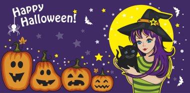 Bir grup şirin balkabağı ve kedili küçük cadı. Mutlu Cadılar Bayramı için kartpostal. Arkadaş ya da aile. Harikalar Diyarı. Vektör çizimi. Yıldızlı, yarasalı ve örümcekli bir peri masalı. Şahane bir karakter. Çizgi film sebzeleri.