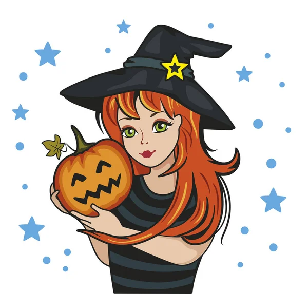 Balkabağı ve beyaz arka planda yıldızlar olan sevimli küçük cadı. Mutlu Cadılar Bayramı afişi. Arkadaş ya da aile. Harikalar Diyarı. Etiket için izole bir illüstrasyon. Şahane bir karakter. Tatil partisi. Vektör.