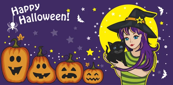 Bir grup şirin balkabağı ve kedili küçük cadı. Mutlu Cadılar Bayramı için kartpostal. Arkadaş ya da aile. Harikalar Diyarı. Vektör çizimi. Yıldızlı, yarasalı ve örümcekli bir peri masalı. Şahane bir karakter. Çizgi film sebzeleri.