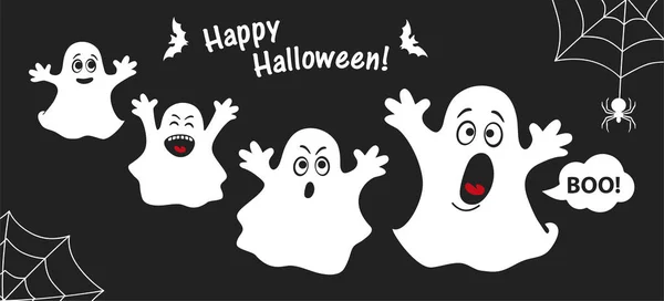 Conjunto Fantasma Bonito Aparição Assustador Horror Cartaz Para Halloween Feliz — Vetor de Stock