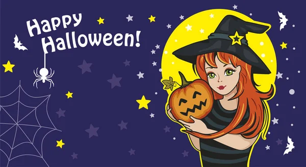 Linda Brujita Con Calabaza Postal Para Feliz Halloween Amigo Familia — Vector de stock