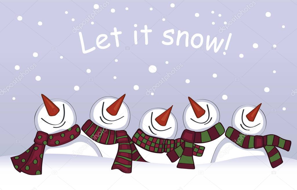 Christmas card. Set of funny snowmen. Vector illustration.