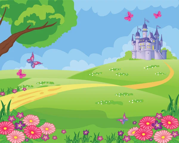 Märchenhafter Hintergrund Mit Blumenwiese Und Schloss Wunderland Kinderillustration Vektor — Stockvektor