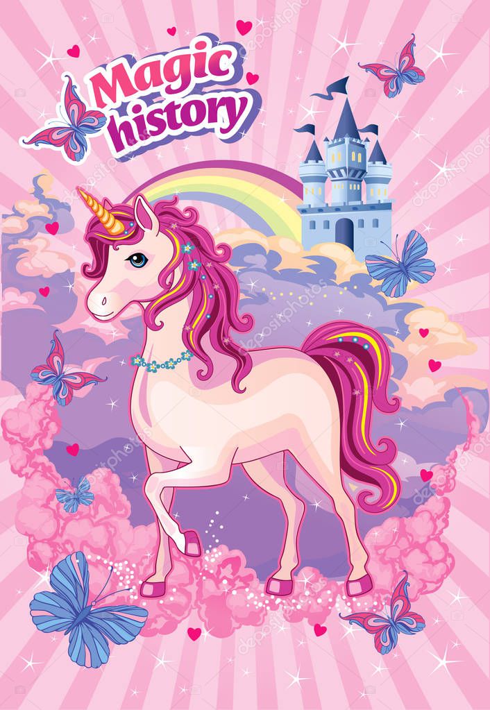 Pink unicorn in the clouds. Child illustration. Magic. Wonderland. Vector.
