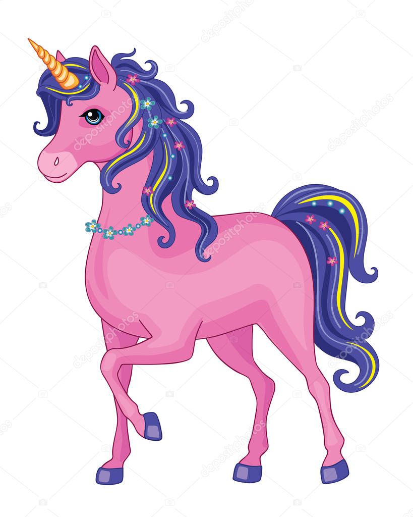 Pink unicorn on a white background. Illustration of a child. Magic. Vector.