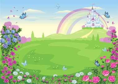 Fairytale background with flower meadow. Wonderland. Cartoon, children's illustration. Princess's castle and rainbow. Fabulous landscape. Beautiful Park or garden with roses and butterflies. Vector. vector