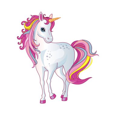 Beyaz arka planda gökkuşağı yelesi ile vektör karikatür beyaz Unicorn. Çocuk Illustration. Sihirli. Wonderland.
