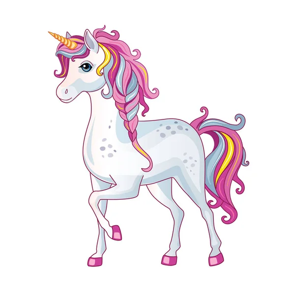 Vector Cartoon Beautiful Unicorn Rainbow Mane White Background Children Illustration — Stock Vector