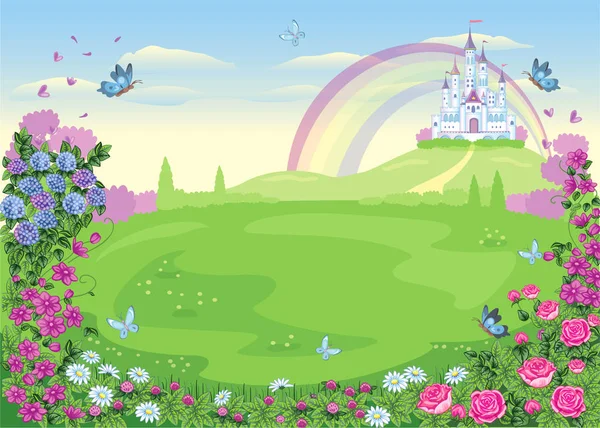 Fairytale Background Flower Meadow Wonderland Cartoon Children Illustration Princess Castle — Stock Vector