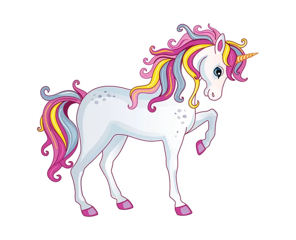 Vector Cartoon Cute Unicorn Rainbow Mane White Background Children Illustration — Stock Vector