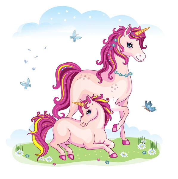 Horse Foal Green Meadow Wonderland Vector Cartoon Illustration Children Theme — Stock Vector