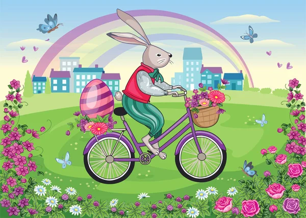 Easter Bunny Bicycle Wonderland Fairy Tale Flower Meadow Children Illustration — Stock Vector