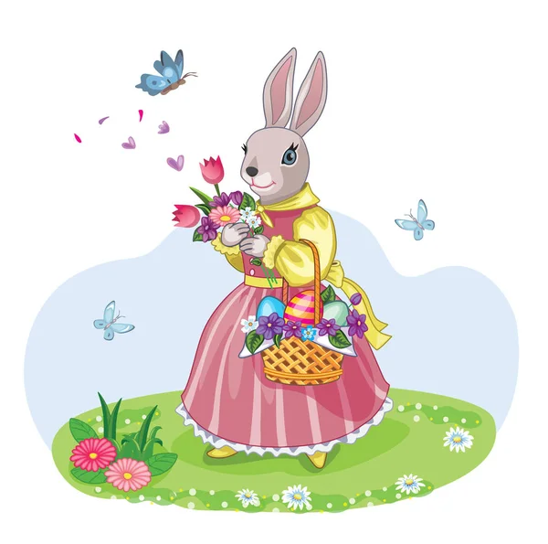 花の花束とイースターバスケットとかわいいバニー ヴィンテージポストカード孤立したイラスト ワンダーランド 子供のテーマ ベクトル — ストックベクタ