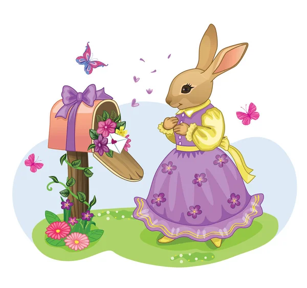 Carte Pâques Vintage Avec Lapin Mignon Cadeau Romantique Illustration Isolée — Image vectorielle