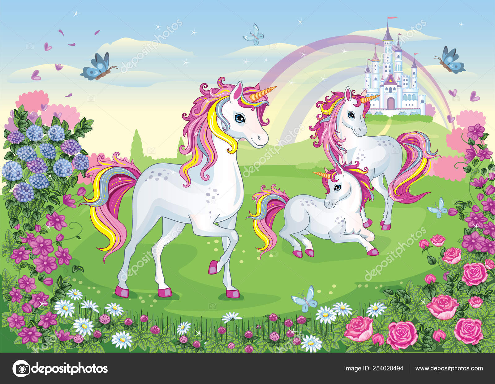 Grupo Hermosos Unicornios Blancos Fondo Cuento Hadas Con Castillo Arco