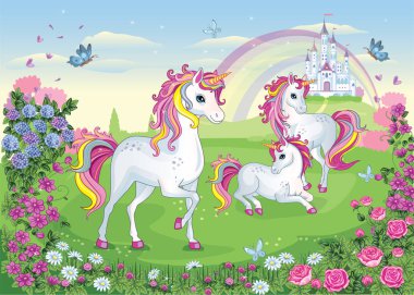 A group of white beautiful unicorns. Fairy-tale background with castle and rainbow. Wonderland. Flower meadow. Children illustration. Magic story. Vector. vector