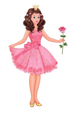 Bir gül ile moda kız. Pembe elbiseyle güzel bir prenses. Romantik bir hikaye. İzole Illustration. Masal. Vektör.. Eps