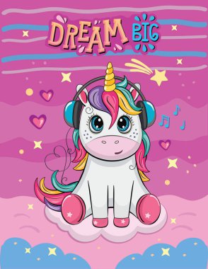 Kulaklık ve melodiler ile sevimli karikatür Unicorn. Romantik bir hikaye. Wonderland. Bulutlar, yıldızlar ve dalgalar ile muhteşem arka plan. Vektör Illustration.
