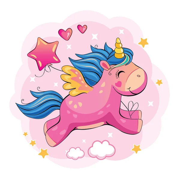 飞行粉红色的独角兽与气球 可爱的卡通小马 浪漫的故事仙境 卡通插图与云 星星和心 — 图库矢量图片