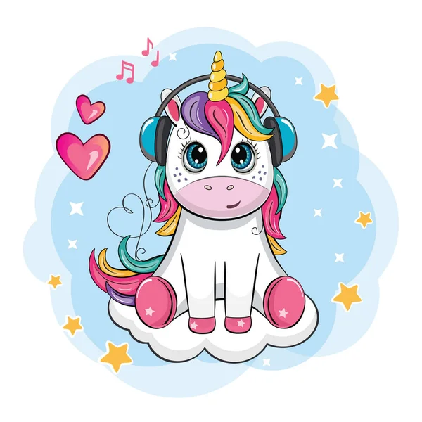 Cute Little Unicorn Słuchawkami Siedzi Chmurze Romantyczna Opowieść Krainie Czarów — Wektor stockowy