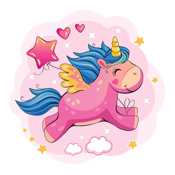 Licorne Rose Volante Avec Ballon Joli Poney Dessin Animé Une — Image vectorielle